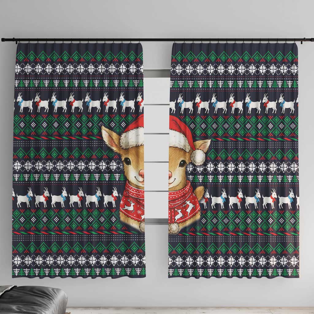 Cute Reindeer in Santa Hat Window Curtain with Red Green Snowflake Knit Pattern Design - Wonder Print Shop