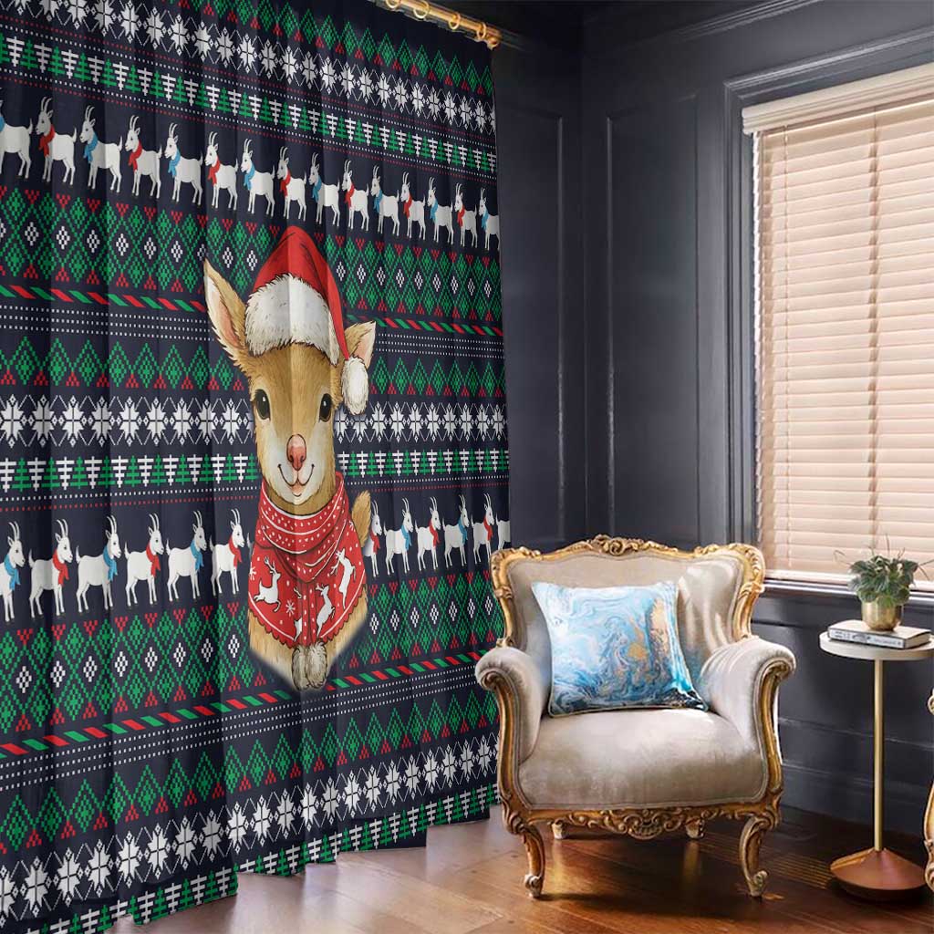 Cute Reindeer in Santa Hat Window Curtain with Red Green Snowflake Knit Pattern Design - Wonder Print Shop