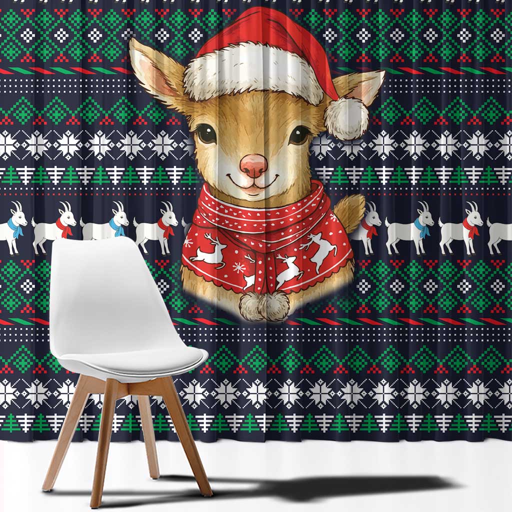 Cute Reindeer in Santa Hat Window Curtain with Red Green Snowflake Knit Pattern Design - Wonder Print Shop
