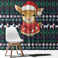 Cute Reindeer in Santa Hat Window Curtain with Red Green Snowflake Knit Pattern Design - Wonder Print Shop