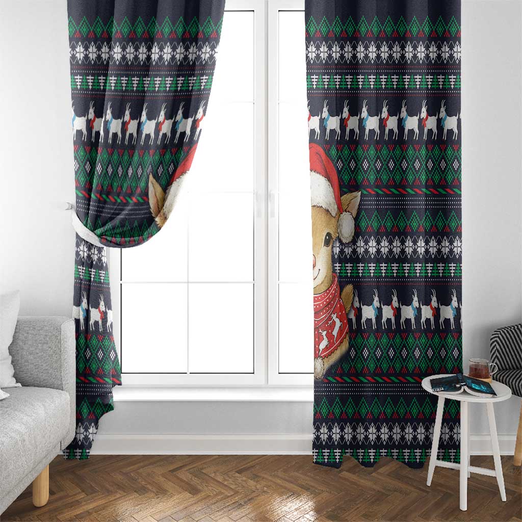 Cute Reindeer in Santa Hat Window Curtain with Red Green Snowflake Knit Pattern Design - Wonder Print Shop