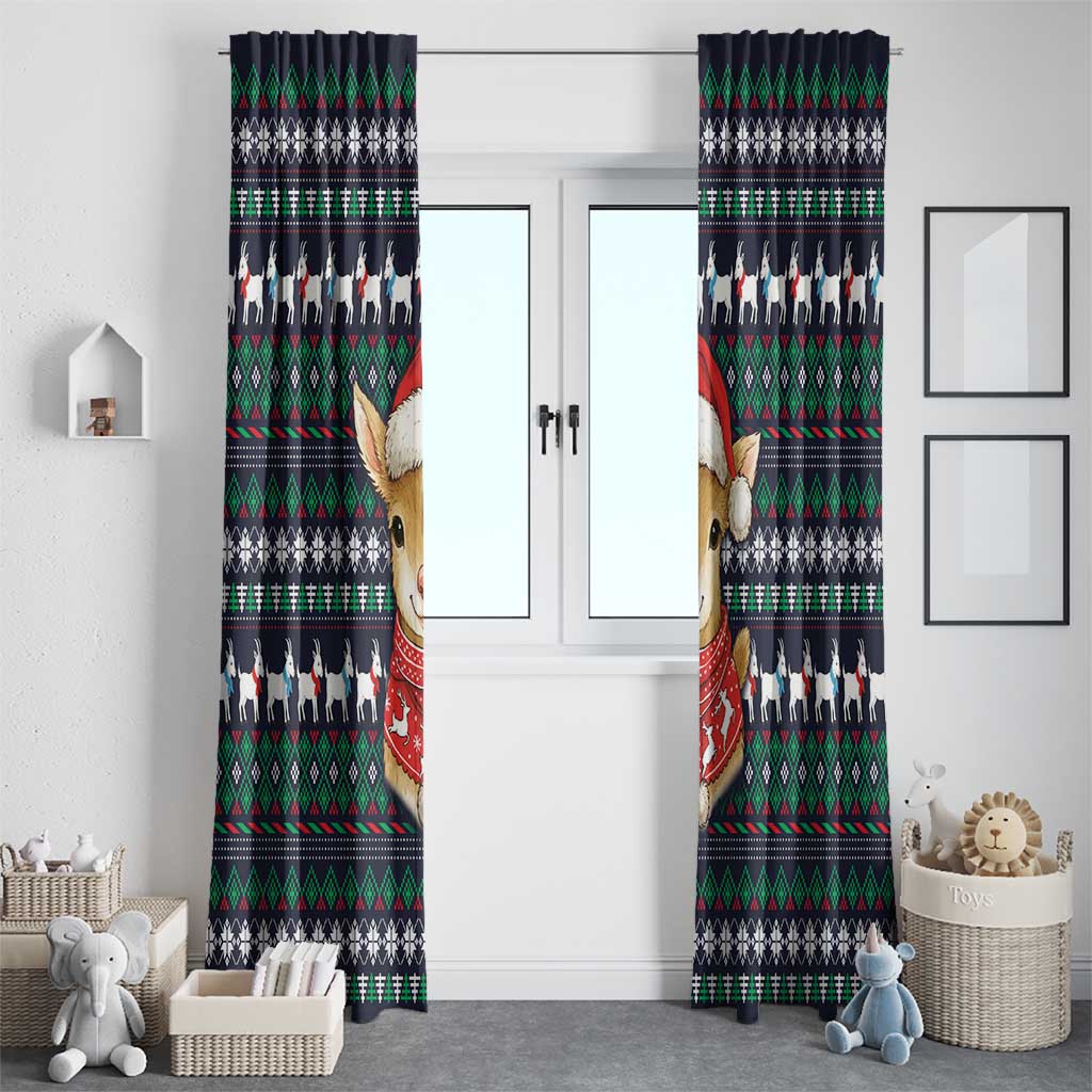 Cute Reindeer in Santa Hat Window Curtain with Red Green Snowflake Knit Pattern Design - Wonder Print Shop