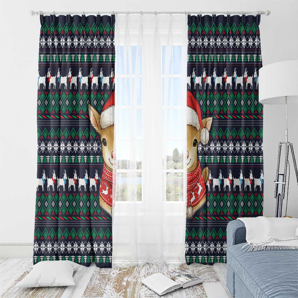 Cute Reindeer in Santa Hat Window Curtain with Red Green Snowflake Knit Pattern Design - Wonder Print Shop