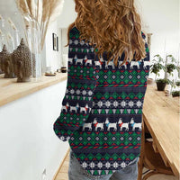 Cute Reindeer in Santa Hat Women Casual Shirt with Red Green Snowflake Knit Pattern Design - Wonder Print Shop