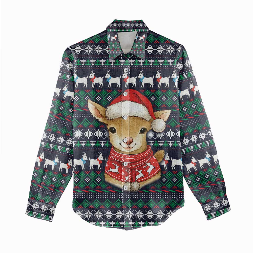 Cute Reindeer in Santa Hat Women Casual Shirt with Red Green Snowflake Knit Pattern Design - Wonder Print Shop