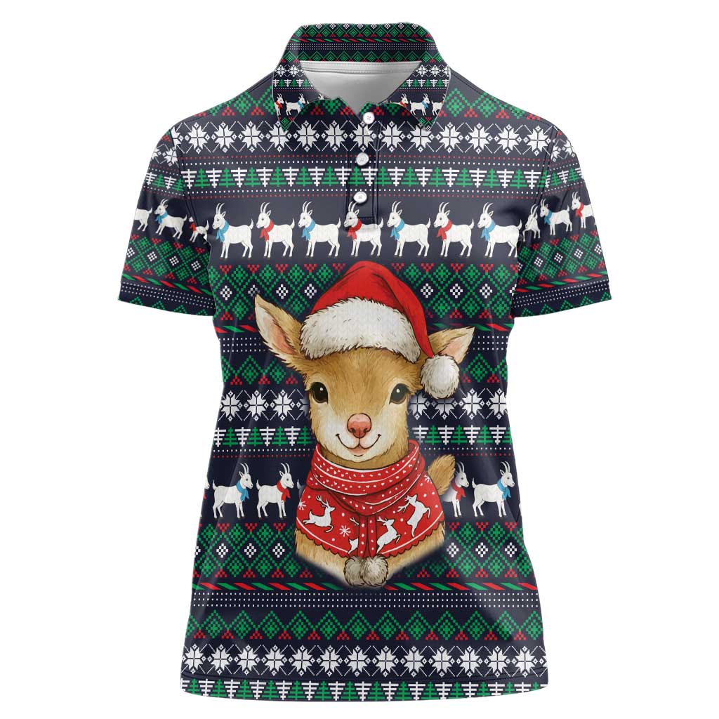 Cute Reindeer in Santa Hat Women Polo Shirt with Red Green Snowflake Knit Pattern Design - Wonder Print Shop