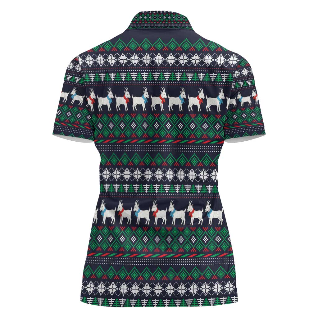 Cute Reindeer in Santa Hat Women Polo Shirt with Red Green Snowflake Knit Pattern Design - Wonder Print Shop