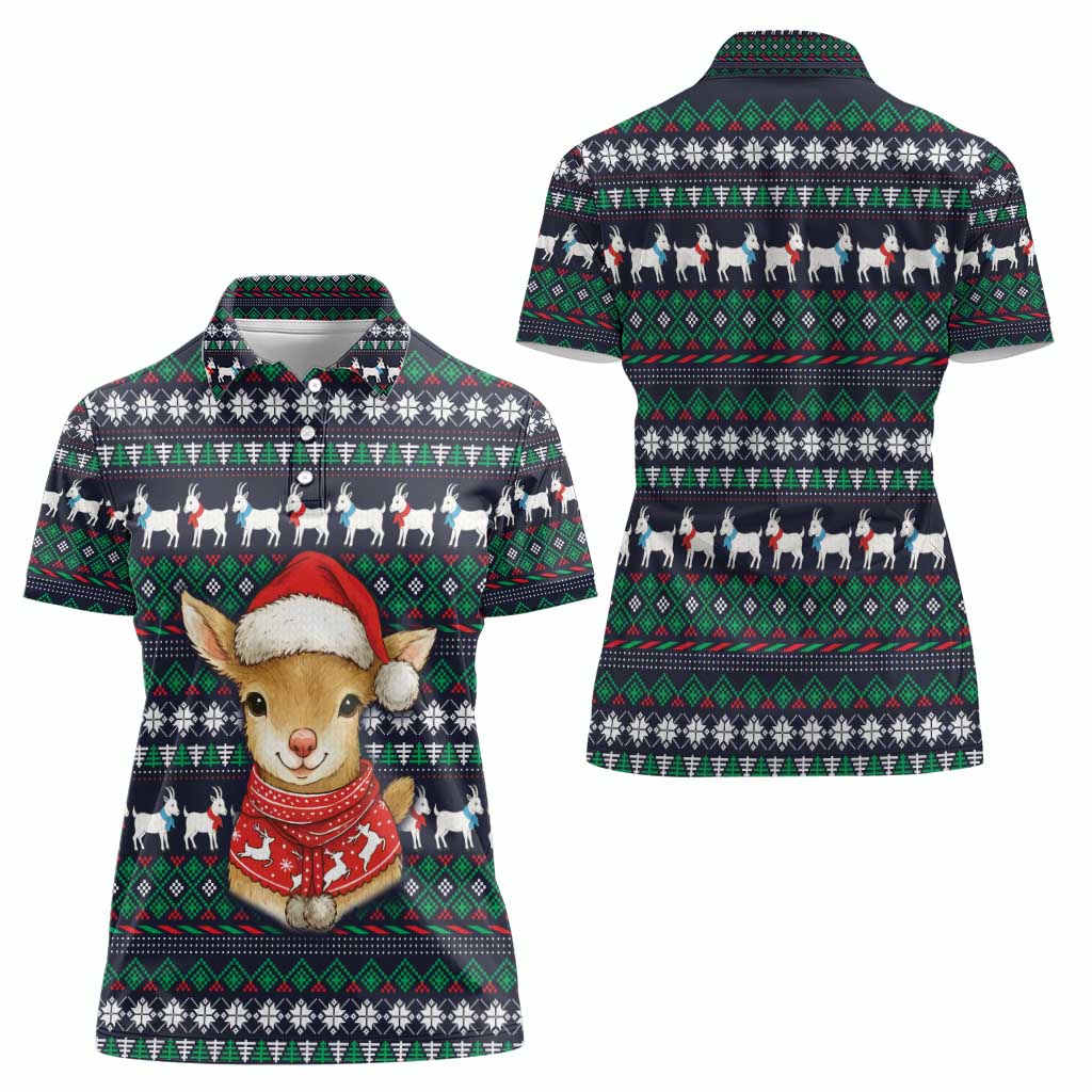 Cute Reindeer in Santa Hat Women Polo Shirt with Red Green Snowflake Knit Pattern Design - Wonder Print Shop