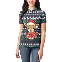 Cute Reindeer in Santa Hat Women Polo Shirt with Red Green Snowflake Knit Pattern Design - Wonder Print Shop