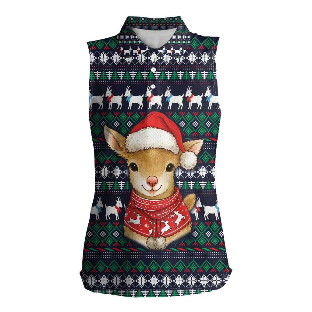 Cute Reindeer in Santa Hat Women Sleeveless Polo Shirt with Red Green Snowflake Knit Pattern Design - Wonder Print Shop