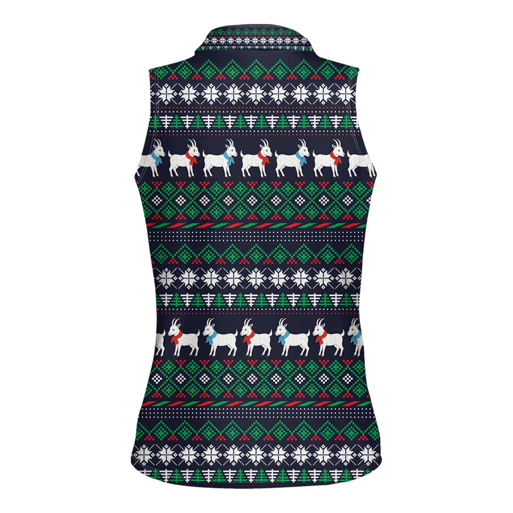 Cute Reindeer in Santa Hat Women Sleeveless Polo Shirt with Red Green Snowflake Knit Pattern Design - Wonder Print Shop