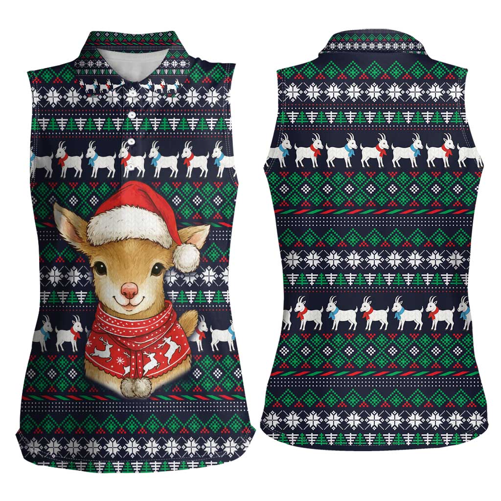 Cute Reindeer in Santa Hat Women Sleeveless Polo Shirt with Red Green Snowflake Knit Pattern Design - Wonder Print Shop
