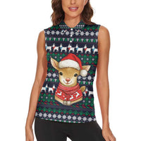 Cute Reindeer in Santa Hat Women Sleeveless Polo Shirt with Red Green Snowflake Knit Pattern Design - Wonder Print Shop