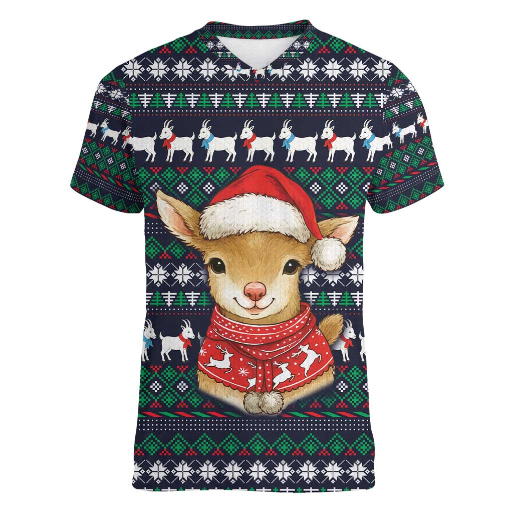 Cute Reindeer in Santa Hat Women V-Neck T-Shirt with Red Green Snowflake Knit Pattern Design - Wonder Print Shop