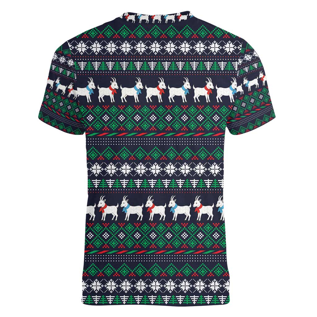 Cute Reindeer in Santa Hat Women V-Neck T-Shirt with Red Green Snowflake Knit Pattern Design - Wonder Print Shop
