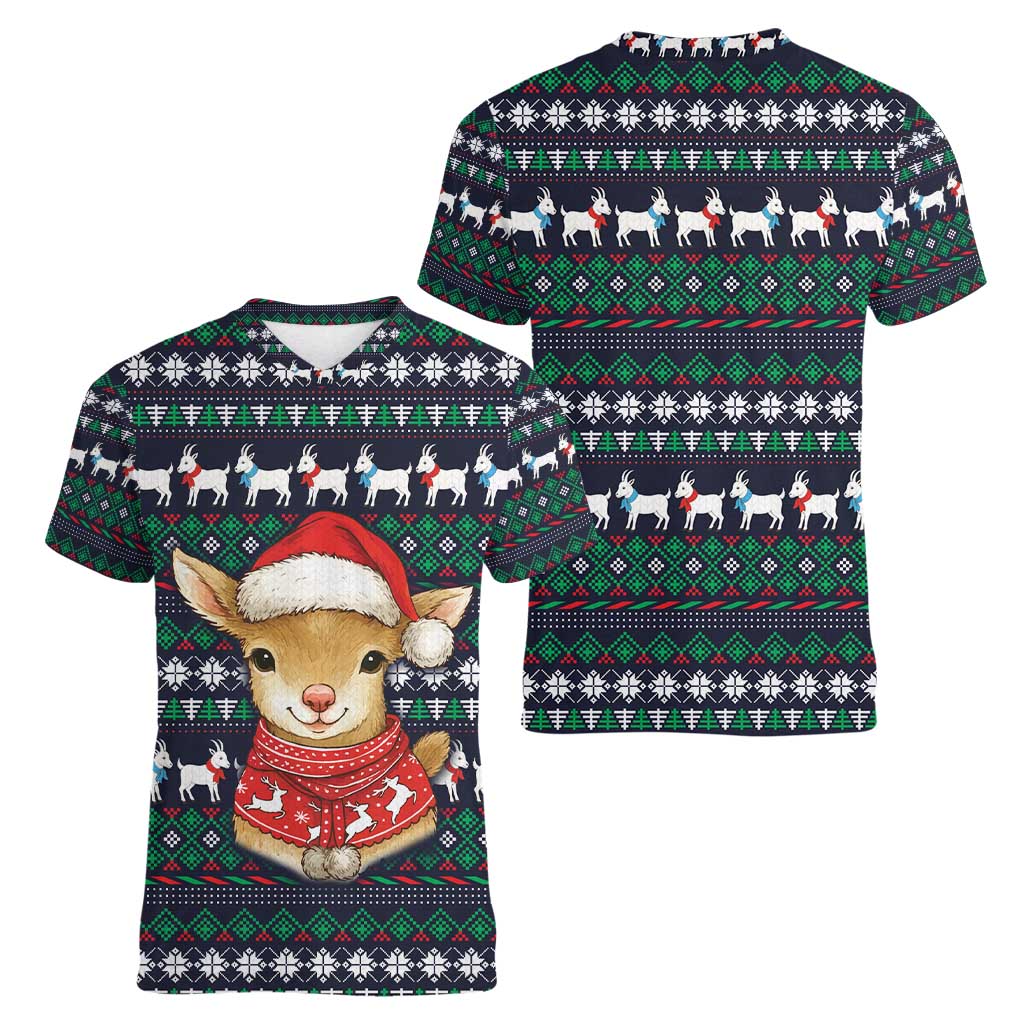 Cute Reindeer in Santa Hat Women V-Neck T-Shirt with Red Green Snowflake Knit Pattern Design - Wonder Print Shop