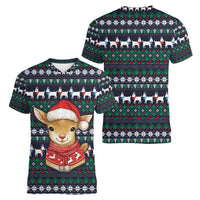 Cute Reindeer in Santa Hat Women V-Neck T-Shirt with Red Green Snowflake Knit Pattern Design - Wonder Print Shop