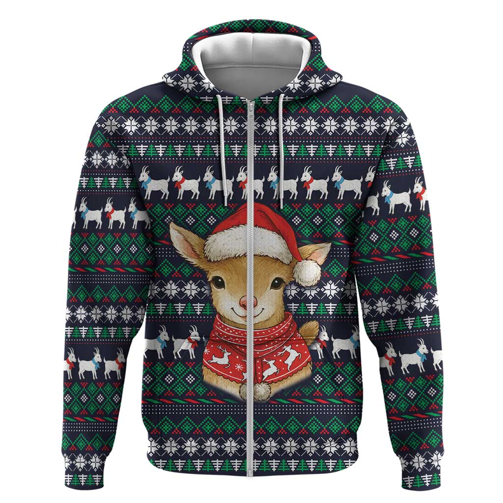 Cute Reindeer in Santa Hat Zip Hoodie with Red Green Snowflake Knit Pattern Design - Wonder Print Shop