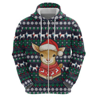 Cute Reindeer in Santa Hat Zip Hoodie with Red Green Snowflake Knit Pattern Design - Wonder Print Shop