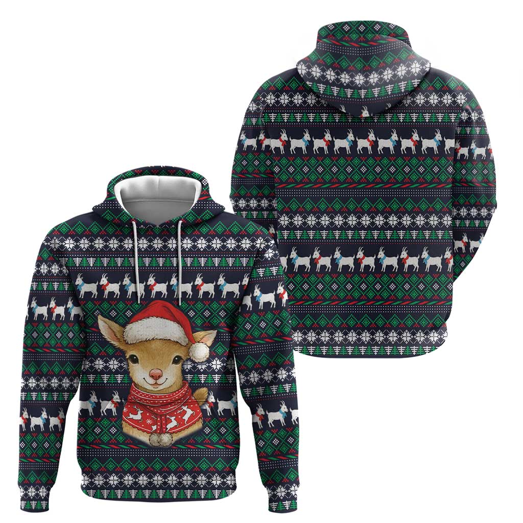 Cute Reindeer in Santa Hat Zip Hoodie with Red Green Snowflake Knit Pattern Design - Wonder Print Shop