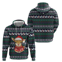 Cute Reindeer in Santa Hat Zip Hoodie with Red Green Snowflake Knit Pattern Design - Wonder Print Shop