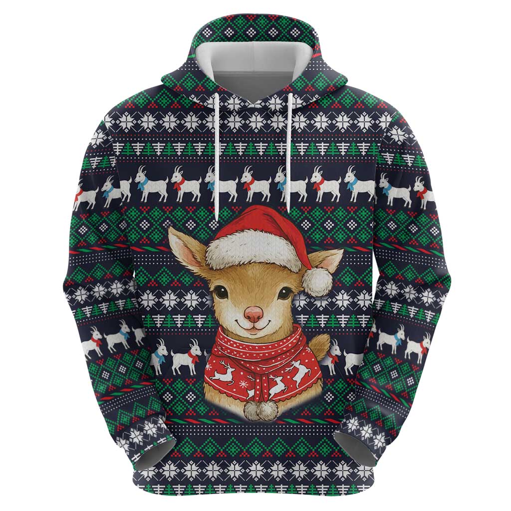 Cute Reindeer in Santa Hat Zip Hoodie with Red Green Snowflake Knit Pattern Design - Wonder Print Shop