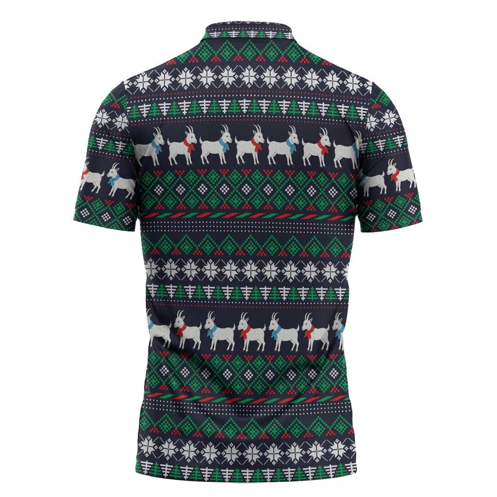 Cute Reindeer in Santa Hat Zipper Polo Shirt with Red Green Snowflake Knit Pattern Design - Wonder Print Shop