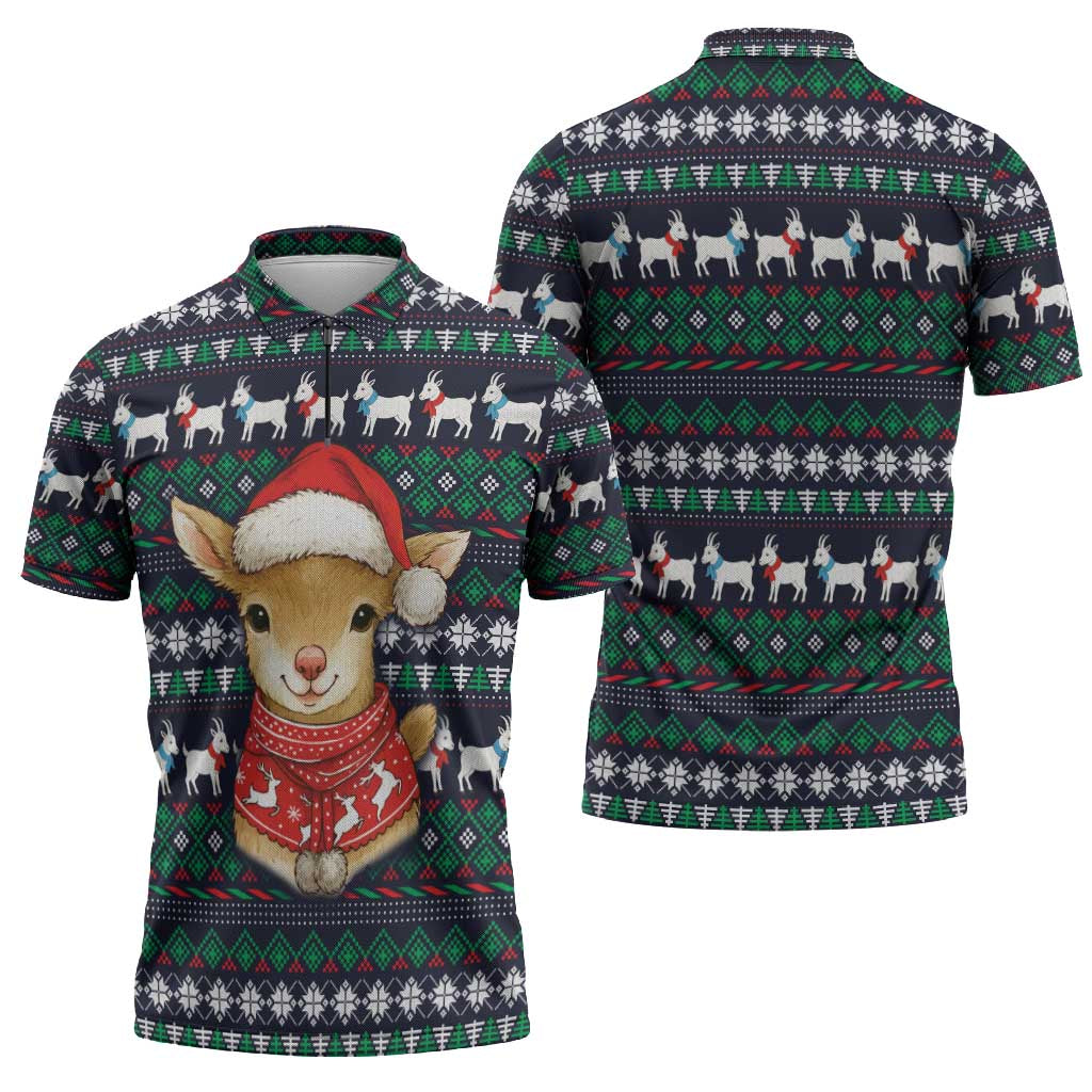 Cute Reindeer in Santa Hat Zipper Polo Shirt with Red Green Snowflake Knit Pattern Design - Wonder Print Shop