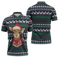 Cute Reindeer in Santa Hat Zipper Polo Shirt with Red Green Snowflake Knit Pattern Design - Wonder Print Shop
