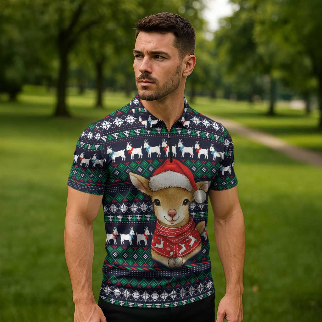 Cute Reindeer in Santa Hat Zipper Polo Shirt with Red Green Snowflake Knit Pattern Design - Wonder Print Shop