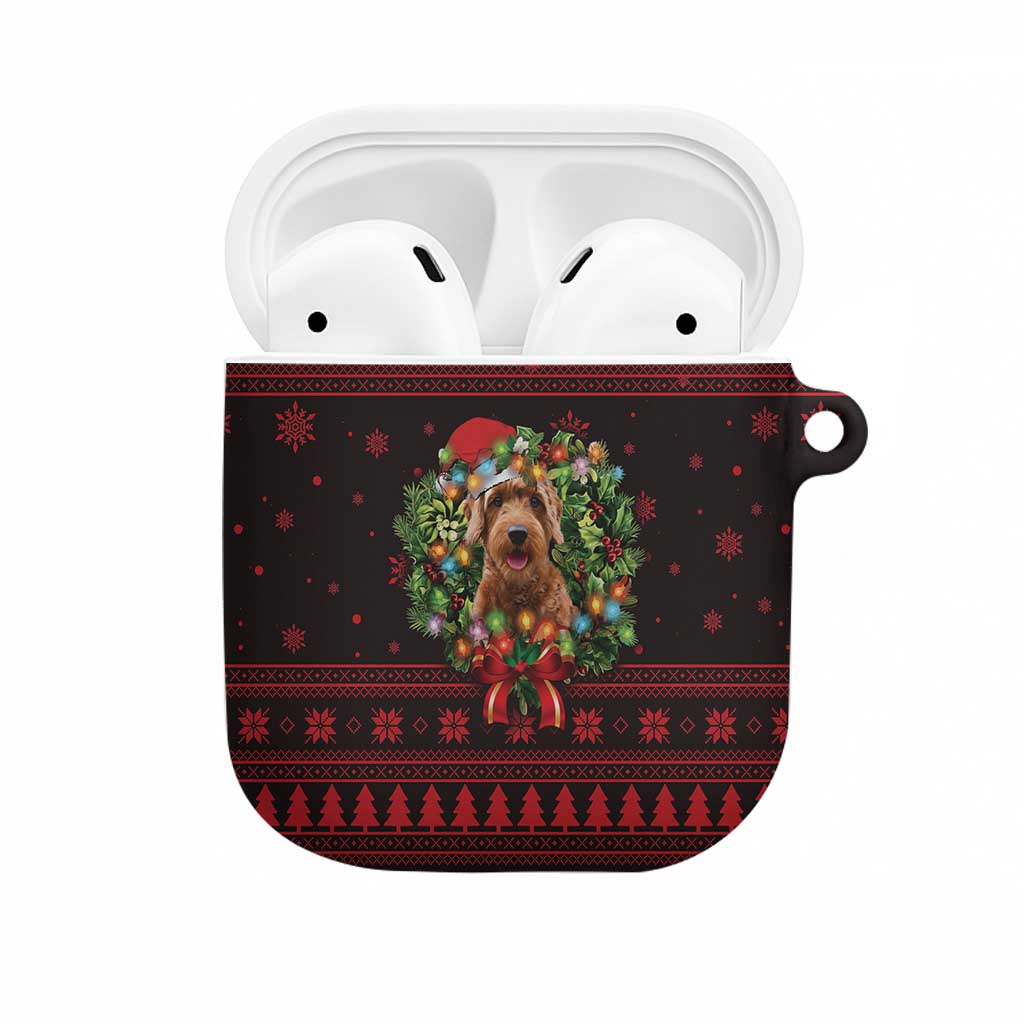 Wreath and Santa Dog in Red AirPods Case with Black Holiday Pattern Design - Wonder Print Shop