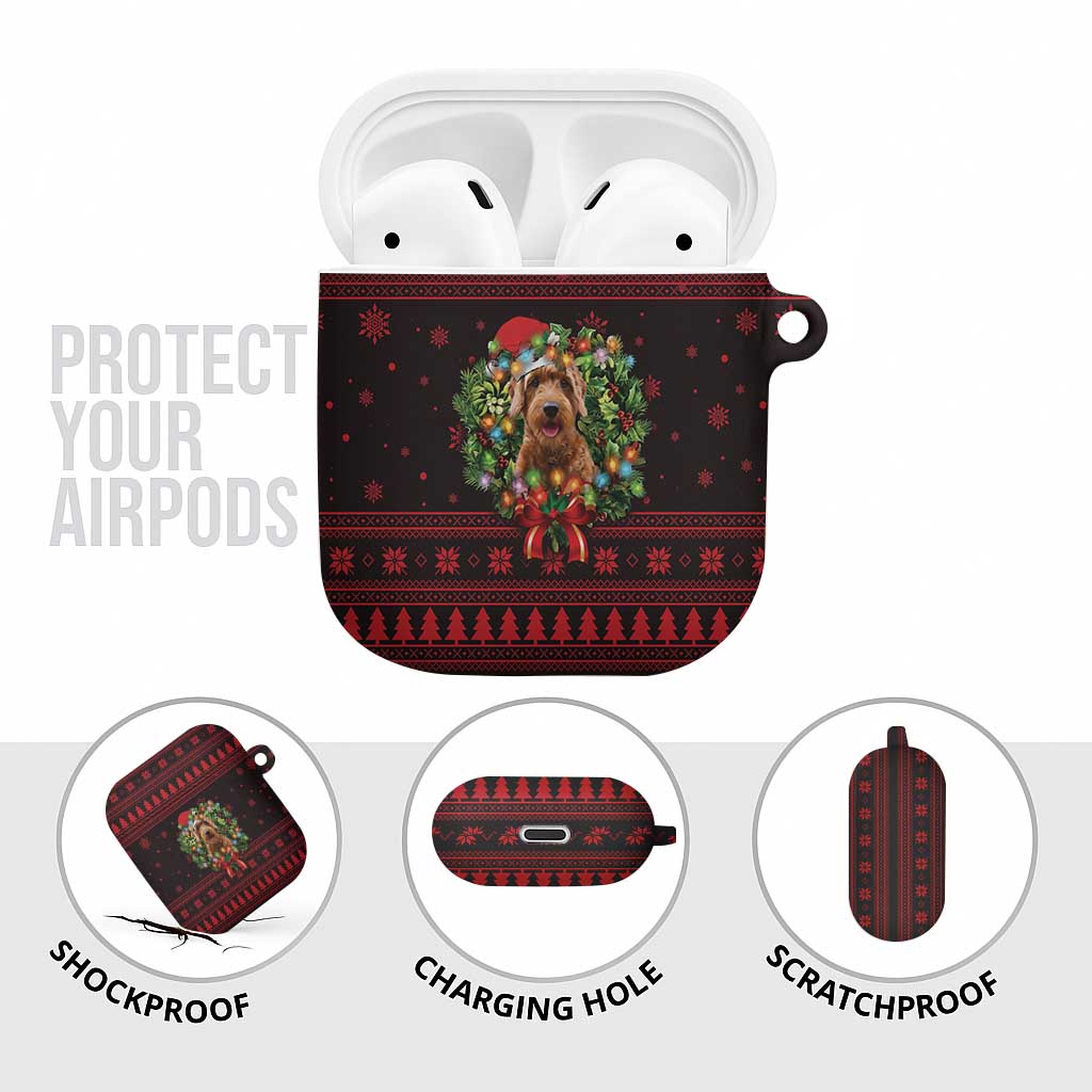 Wreath and Santa Dog in Red AirPods Case with Black Holiday Pattern Design - Wonder Print Shop