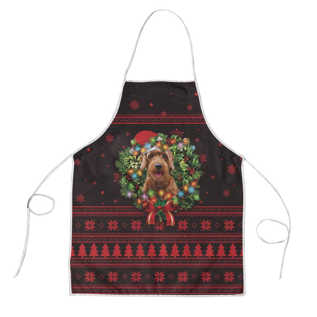 Wreath and Santa Dog in Red Apron with Black Holiday Pattern Design - Wonder Print Shop