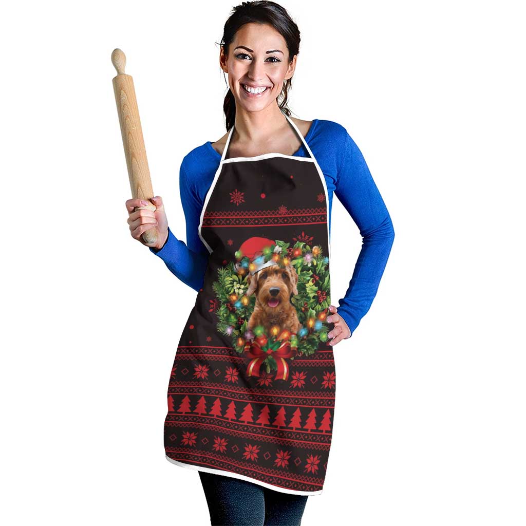 Wreath and Santa Dog in Red Apron with Black Holiday Pattern Design - Wonder Print Shop