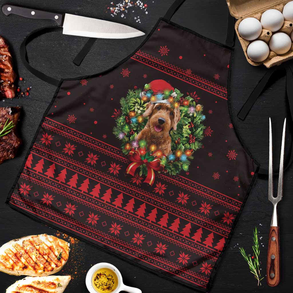 Wreath and Santa Dog in Red Apron with Black Holiday Pattern Design - Wonder Print Shop