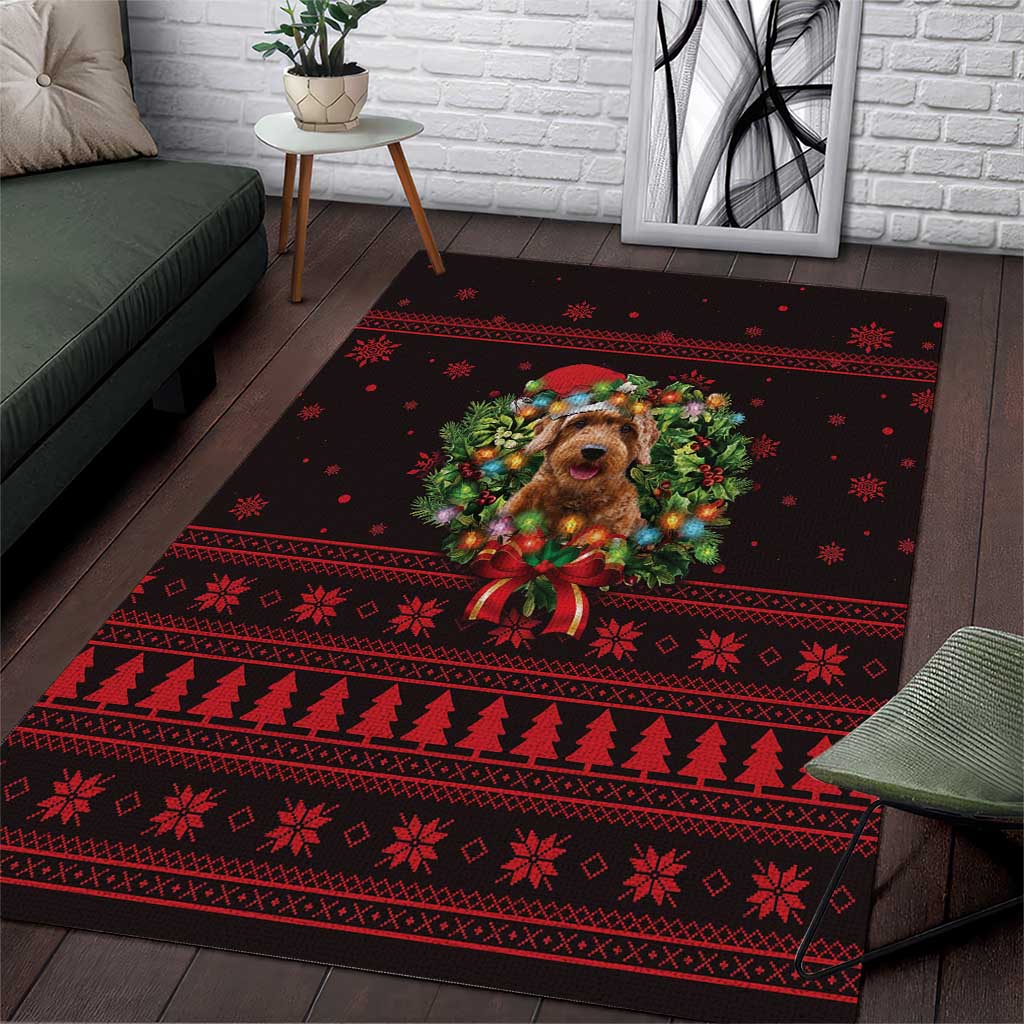 Wreath and Santa Dog in Red Area Rug with Black Holiday Pattern Design - Wonder Print Shop