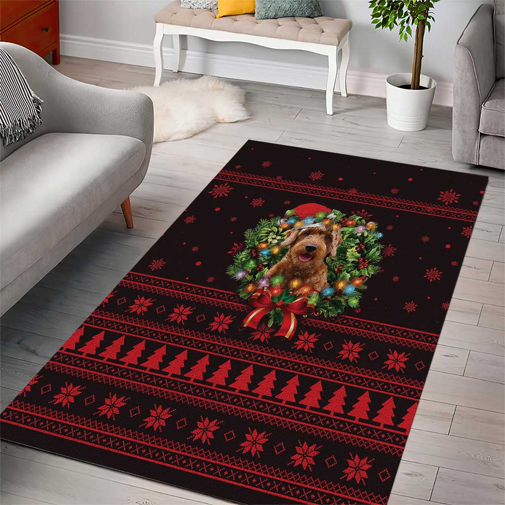 Wreath and Santa Dog in Red Area Rug with Black Holiday Pattern Design - Wonder Print Shop