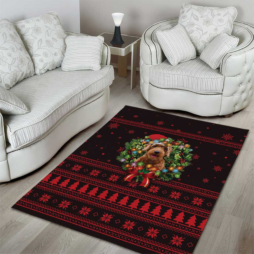 Wreath and Santa Dog in Red Area Rug with Black Holiday Pattern Design - Wonder Print Shop