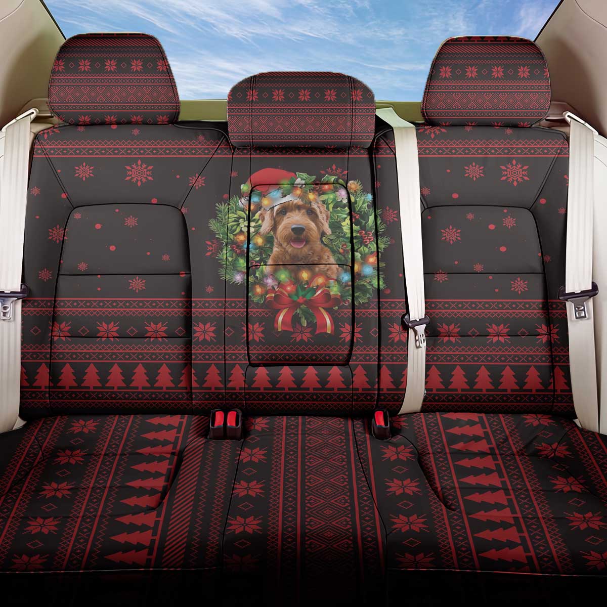 Wreath and Santa Dog in Red Back Car Seat Cover with Black Holiday Pattern Design - Wonder Print Shop