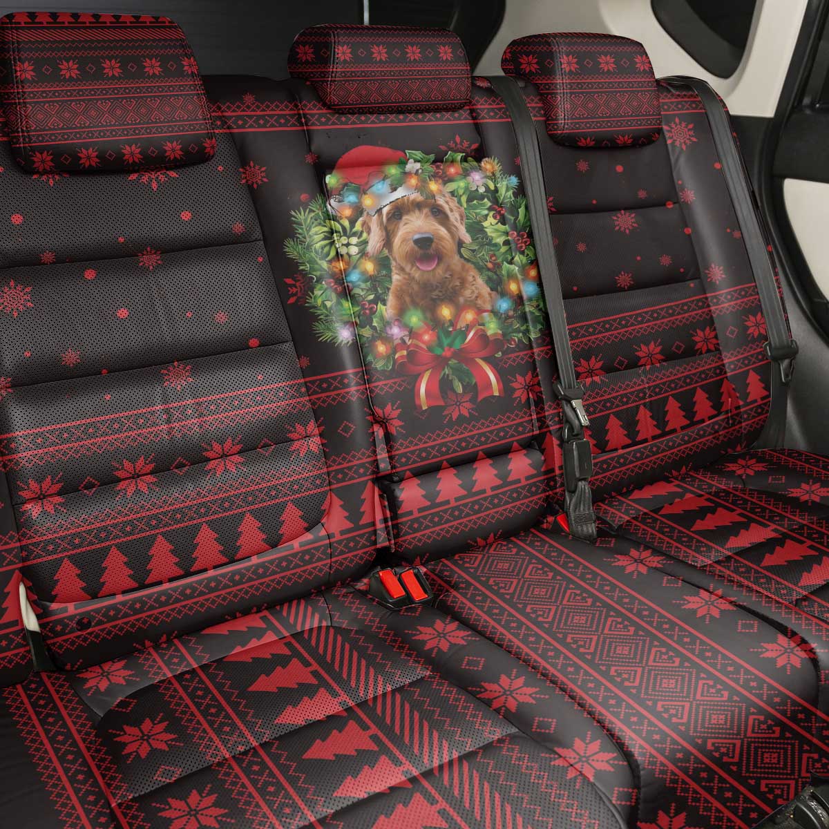 Wreath and Santa Dog in Red Back Car Seat Cover with Black Holiday Pattern Design - Wonder Print Shop