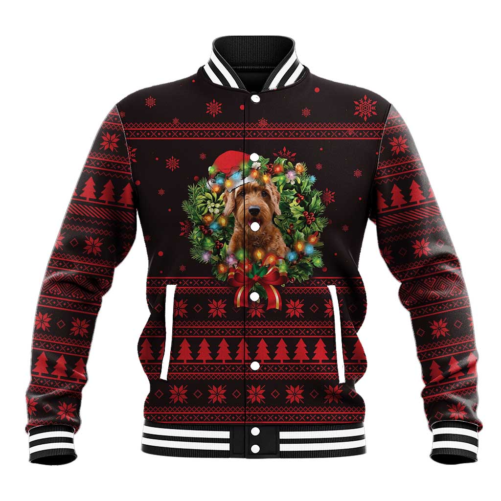 Wreath and Santa Dog in Red Baseball Jacket with Black Holiday Pattern Design - Wonder Print Shop