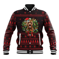 Wreath and Santa Dog in Red Baseball Jacket with Black Holiday Pattern Design - Wonder Print Shop
