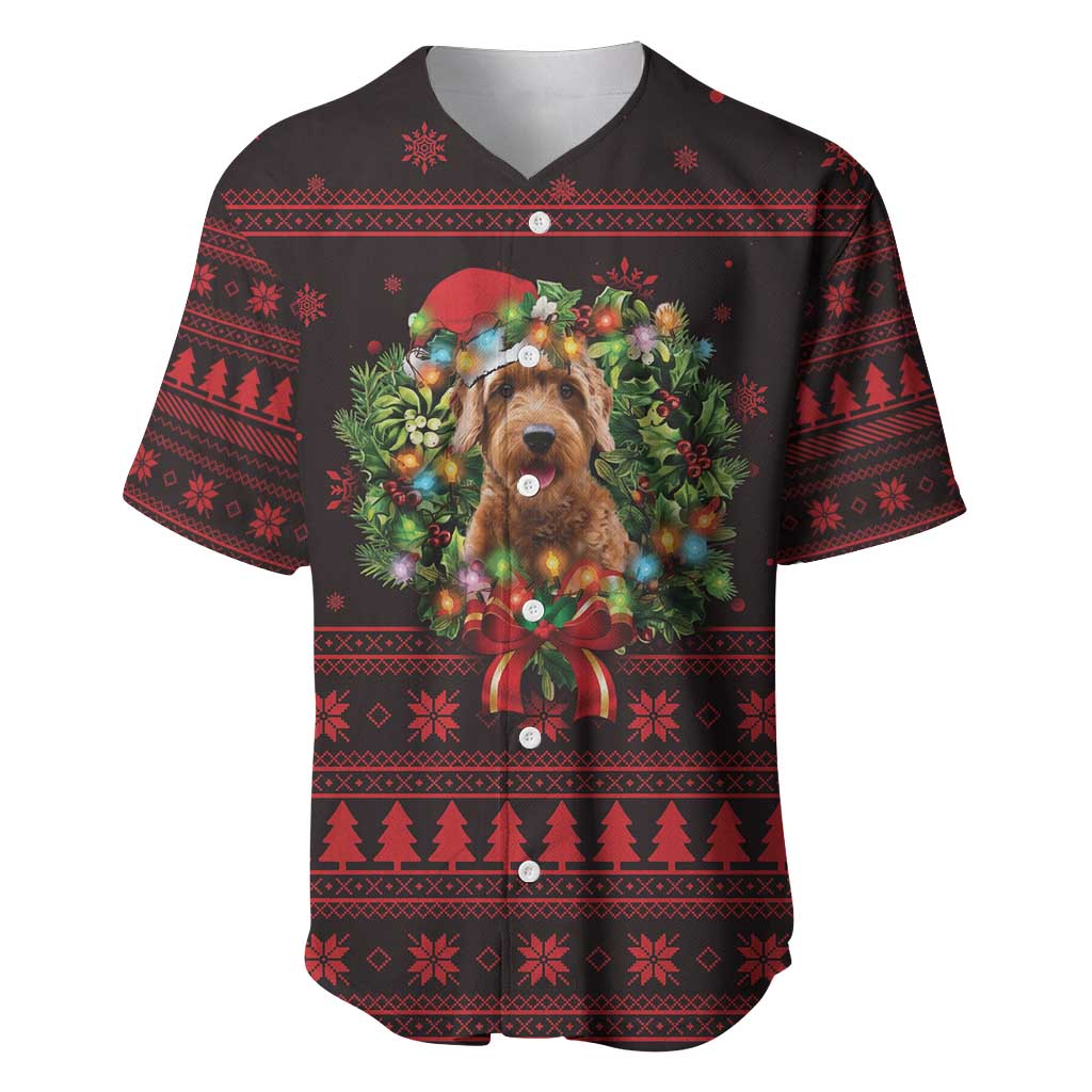 Wreath and Santa Dog in Red Baseball Jersey with Black Holiday Pattern Design - Wonder Print Shop