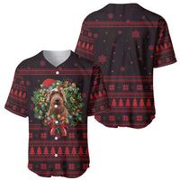 Wreath and Santa Dog in Red Baseball Jersey with Black Holiday Pattern Design - Wonder Print Shop