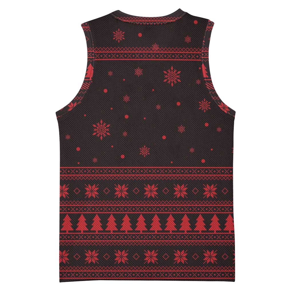Wreath and Santa Dog in Red Basketball Jersey with Black Holiday Pattern Design - Wonder Print Shop