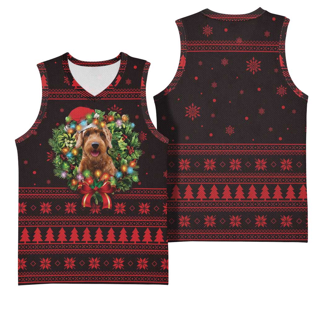 Wreath and Santa Dog in Red Basketball Jersey with Black Holiday Pattern Design - Wonder Print Shop