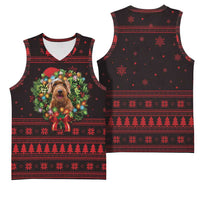 Wreath and Santa Dog in Red Basketball Jersey with Black Holiday Pattern Design - Wonder Print Shop