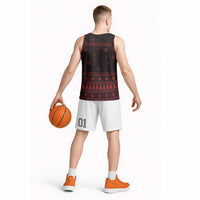 Wreath and Santa Dog in Red Basketball Jersey with Black Holiday Pattern Design - Wonder Print Shop