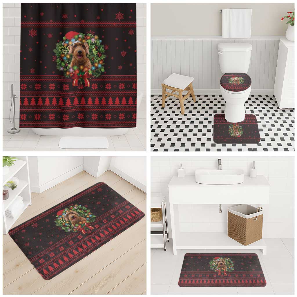 Wreath and Santa Dog in Red Bathroom Set with Black Holiday Pattern Design - Wonder Print Shop