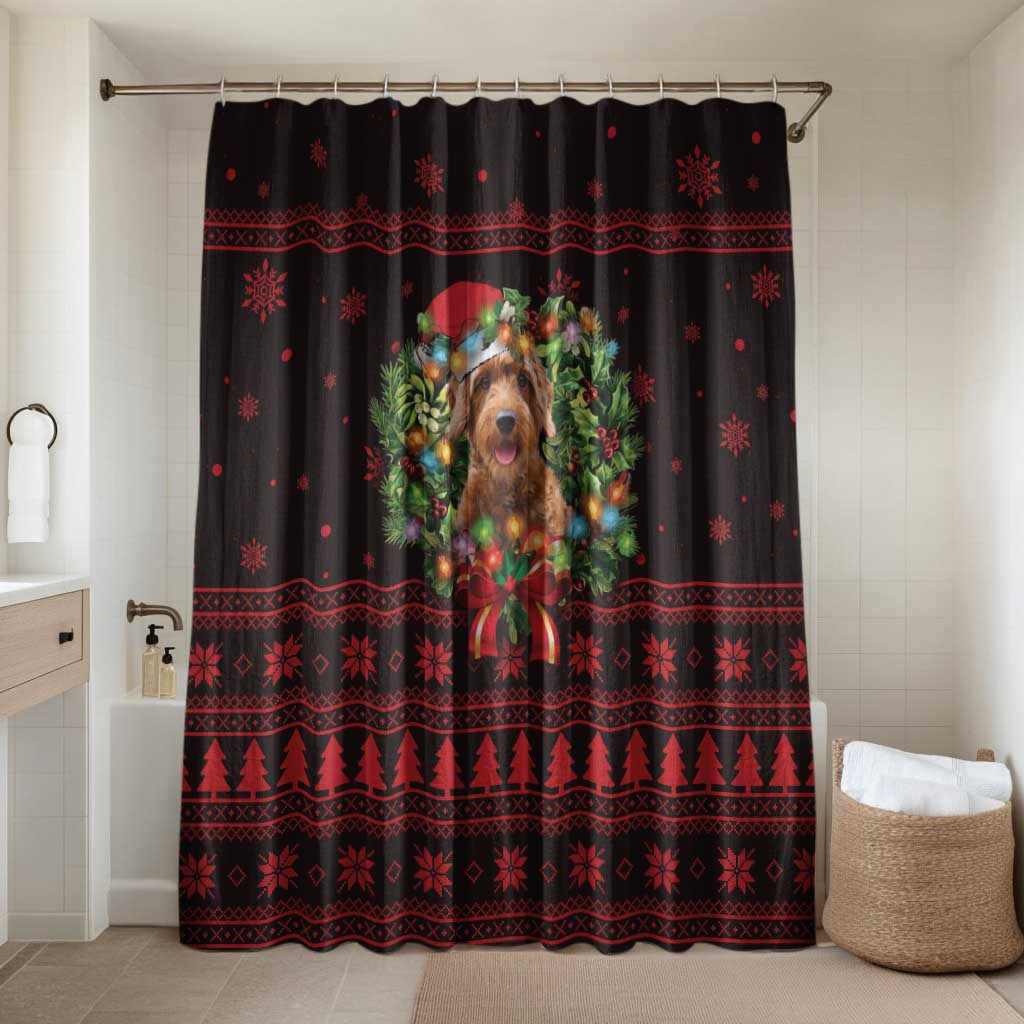 Wreath and Santa Dog in Red Bathroom Set with Black Holiday Pattern Design - Wonder Print Shop